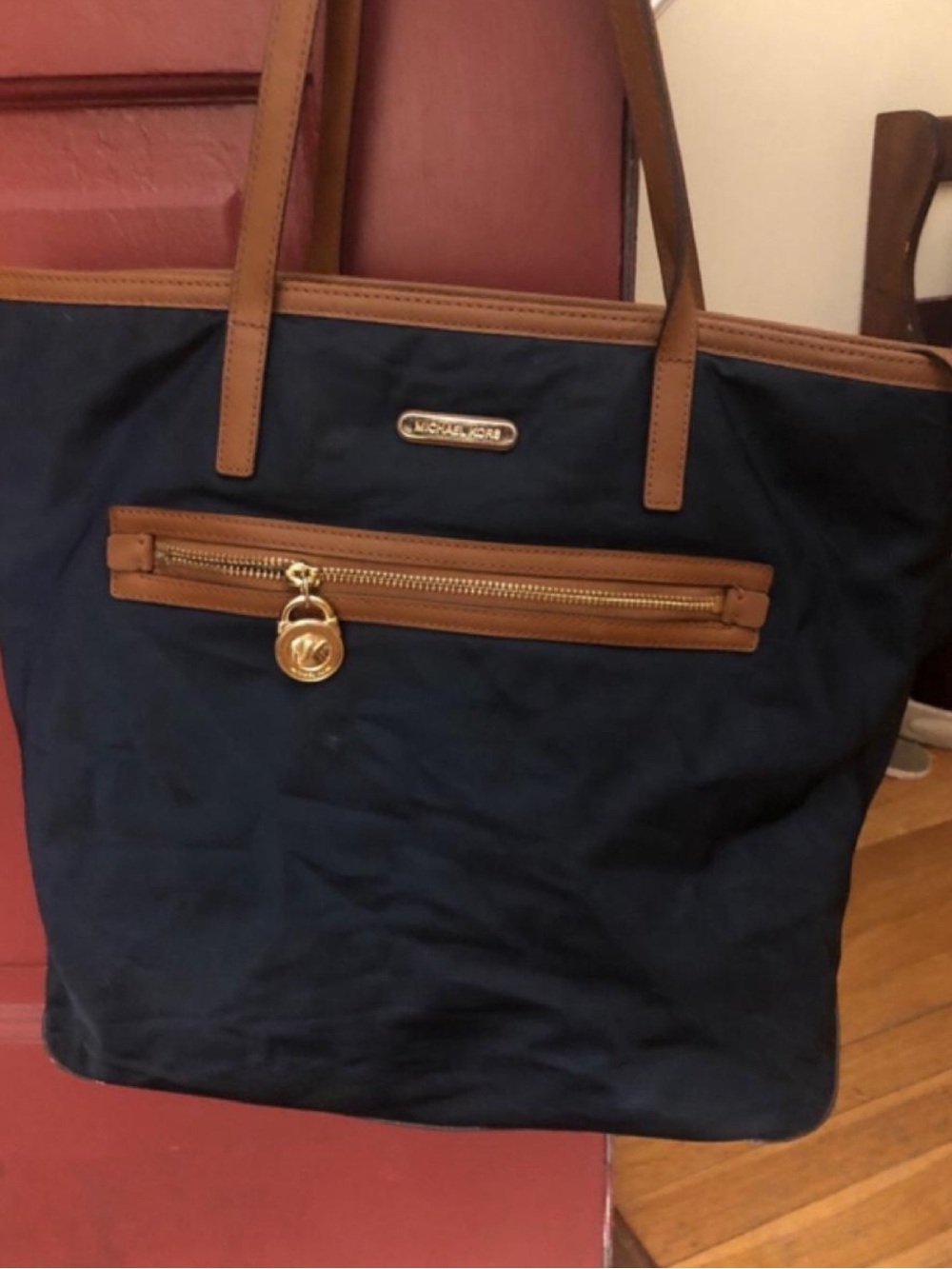 Michael Kors Navy Tote with Brown Leather Trim and Gold Hardware